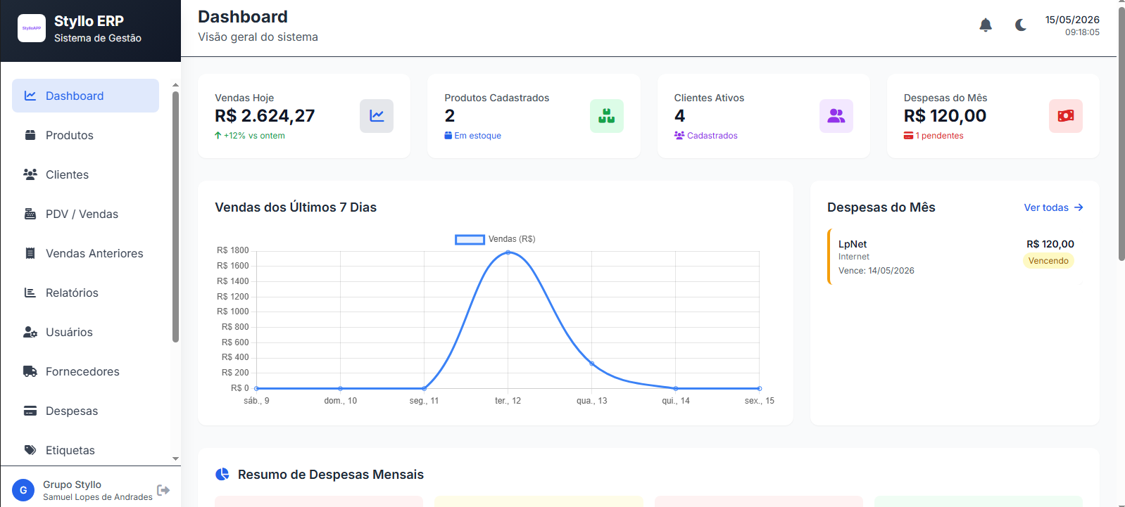 Interface do sistema StylloAPP ERP